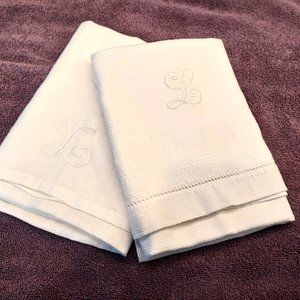Two Vintage white kitchen towels Monogramed with  "L"